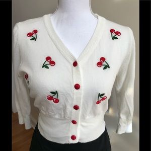 White Retro-look Sweater with Embroidered Cherries, NWT